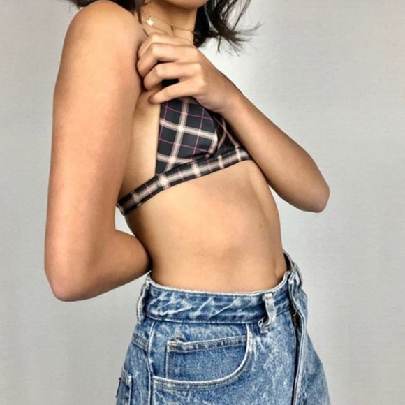 VICTORIA SECRET Black Pink Satin Triangle Plaid Bralette XS - Picture 2 of 9